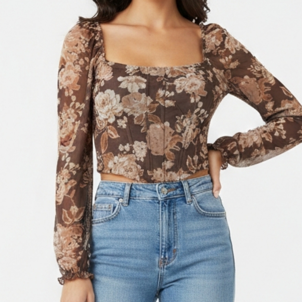 Dylan & Ryan Floral Mesh Corset Top - Long Sleeve, Sheer / SZ-LARGE